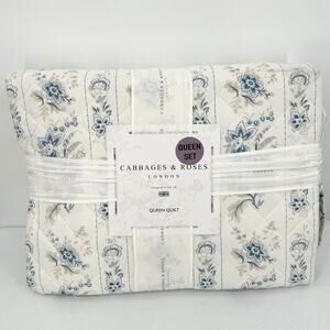 NWT Cabbages & Roses London India Rose Blue/White Floral QUEEN Quilt 100% Cotton